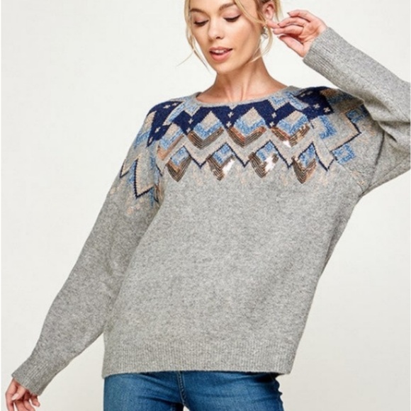 Rimaris Gray & Blue Sequin Detailed Sweater - Picture 1 of 6